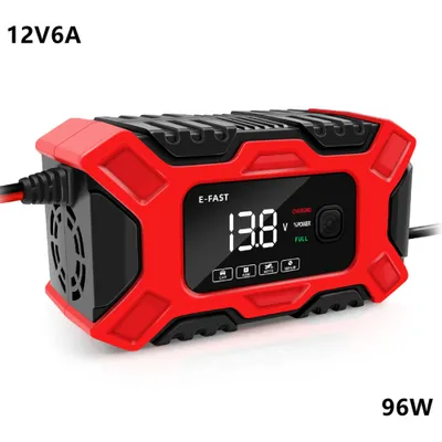 Produktbild von Neue Profi Batterieladegerät(Rot),12V/6A intelligentes automatisches Batterieladegerät, Wartungsgerät mit LCD-Display, Impulsreparatur-Ladegerät für Auto,Rasen,Mäher,Motorrad,Boot,SUV und mehr
