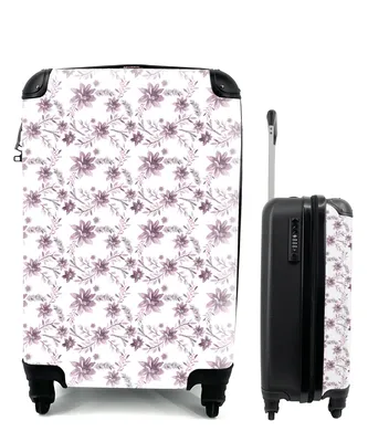 Produktbild von MuchoWow® Koffer Handgepäck Trolley Rollkoffer Kleine Reisekoffer mit 4 Rollen - Blumen - Lila - Weiß - Cabin Size < 55x40x23 cm & 55x40x20 cm - Fotokoffer - Kabinenkoffer - Boardgepäck - Reise-Box - Reisekoffer - Reisegepäck - Koffer mit Bild - Trolley für Kinder