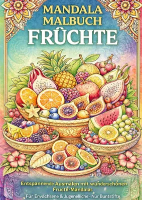 Produktbild von Malbuch mit Mandala-Motiven: Äpfel, Zitrusfrüchte, Beeren und tropische Früchte