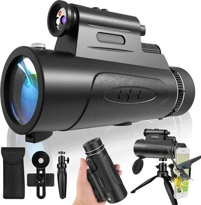 Produktbild von Monokulare Teleskoplampe mit Beleuchtung – mit Smartphone-Halter & Stativ – für Jagd, Vogelbeobachtung & Sternbeobachtung – Schwarz