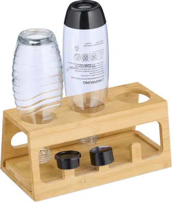 Image de Porte-bouteilles Relaxdays compatible avec les bouteilles Sodastream, en bambou, avec bac d'égouttage, support pour 3 bouteilles, couleur naturelle