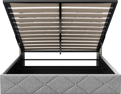 Immagine prodotto di Letto imbottito CDGlobal 140x200cm con rete a doghe, letto a molle idrauliche con contenitore, letto matrimoniale con testata contenitore e LED, lino, grigio