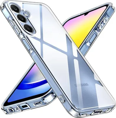 Two transparent phone cases are shown, one angled to reveal the camera array and buttons, the other angled to show the screen.