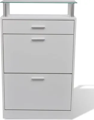Produktbild von Möbel Schuhschrank/Flurschuhregal Skandinavisch - Schuhkommode - mit Schubfach und oberem Glasregal Holz Weiß Top7024858