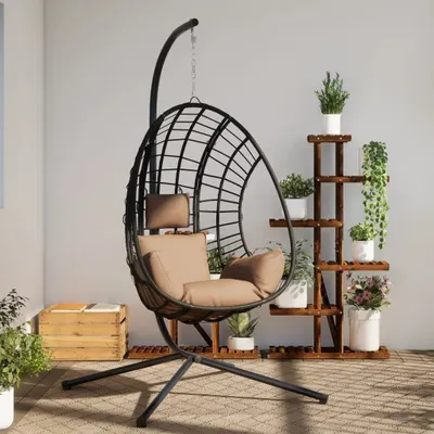 Produktbild von Möbel Hängesessel Ei-Design mit Ständer Taupe Rattan und Stahl - Hollywoodschaukeln 4007410