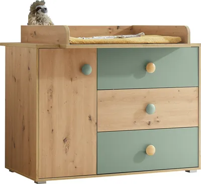 Zdjęcie produktu dla Wickelkommode >Birta< 3 Schübe, 1 Tür, Artisan Eiche Dekor /Salbei - 120x99,3x77,6cm (BxHxT)