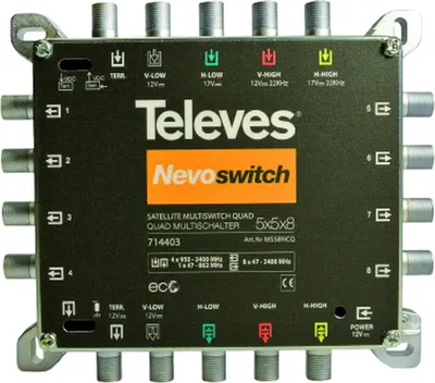 Produktbild von Televes 714403, 5 Eingänge, 13 Ausgänge, 950 - 2400 MHz, 47 - 862 MHz, 4 dB, 2 dB