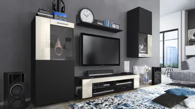 Produktbild von Vladon Wohnwand Movie, Anbauwand bestehend aus 1 TV-Board, 2 Vitrinen und 1 Regal, Schwarz matt/Schwarz matt/Creme Hochglanz (Gesamt: 300 x 190 x 39 cm)
