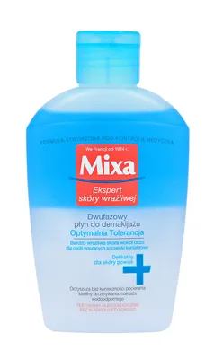 A bottle of Mixa makeup remover against a white background.