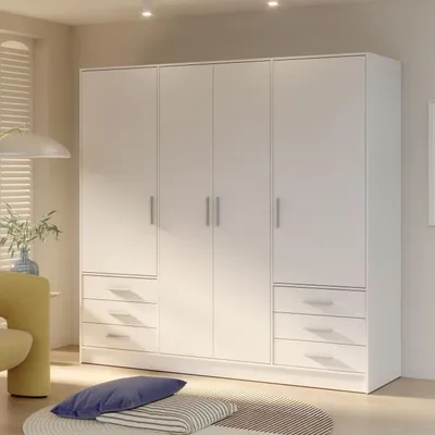 Image de Armoire 4 portes battantes, 6 tiroirs, Bois aggloméré, Blanc mat, 206,5 x 60 x 200 cm, JUPITER