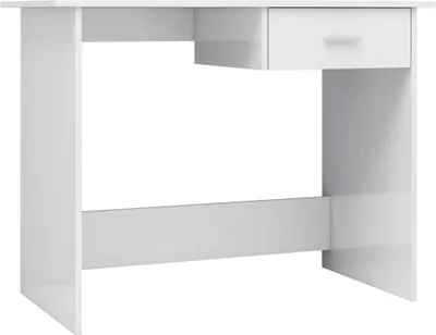 A white desk with a single drawer against a white background.