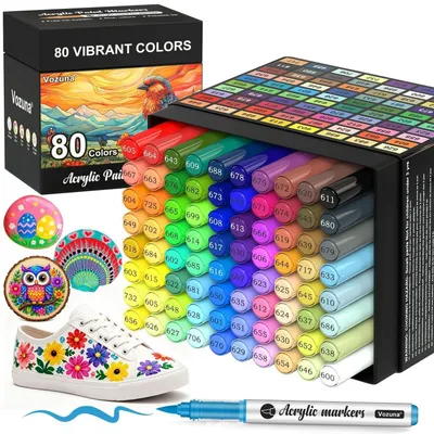 Produktbild von Acrylstifte Set 80 Farben Wasserfest Pinselspitze für Glas Keramik Holz Stoff Papier Schnelltrocknend Deckend