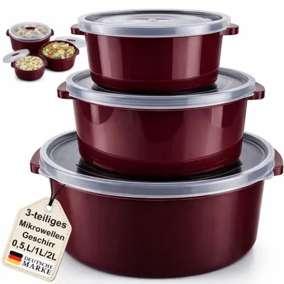 Produktbild von Mikrowellengeschirr 3er Set Mikrowellen Schalen Menüteller mit Deckel 0,5L/1L/2L