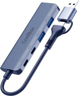 Produktbild von CoolBox HUB4 lite, USB 3.2 Gen 1 (3.1 Gen 1) Type-A + Type-C, USB 3.2 Gen 1 (3.1 Gen 1) Type-A, USB Typ-C, 5000 Mbit/s, Grau, Aluminium, Rundkabel