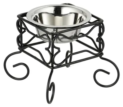 Image de Gamelle pour chien Relaxdays, support surélevé, capacité 300 ml, fer et acier inoxydable, H x L x P : 15,5 x 18 x 18 cm, noir/argent, Image générée par une IA