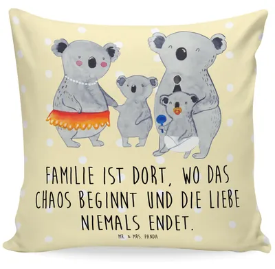Produktbild von Mr. & Mrs. Panda Deko Kissen Koala Familie - Gelb Pastell - Geschenk, Polster, Family, kuschelkissen 40x40, Koalas, Zierkissen, für couch, Mama, Kinder, Muttertag, sofa