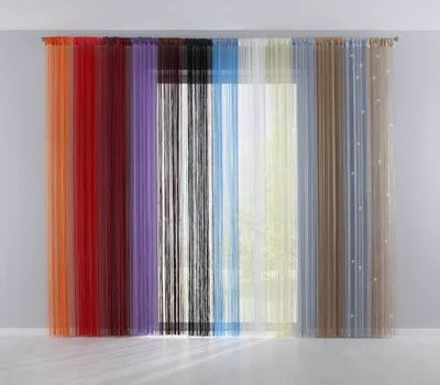A set of string curtains in various colors hanging in front of a window.