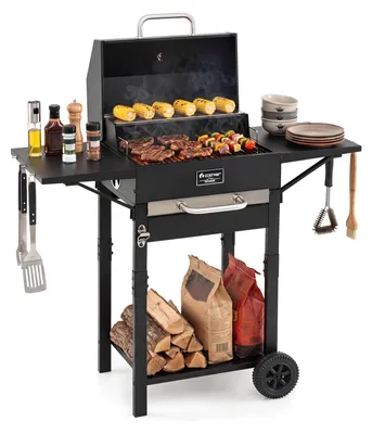 Image de Barbecue au charbon de bois COSTWAY, petit, avec chariot, couvercle, 2 tables latérales, thermomètre, grille de cuisson, ouvre-bouteille et roulettes. Barbecue sur pied