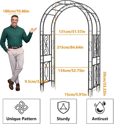 Produktbild von Gartenbogen - Metall Rankgitter Pergola - 216 cm hoch - Gotischer Bogen für Kletterpflanzen & Hochzeiten - Pulverbeschichtetes Eisen - Schwarz