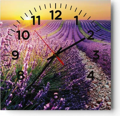 Produktbild von Wanduhr - Quadrat - Glasuhr - Feld Lavendel Sonne - 30x30cm - Schleichendes Uhrwerk - Lautlos - zum Aufhängen bereit - Dekoration Modern - Wanddekoration aus Glas - C4AC30x30-4703