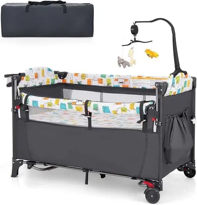 Imagen del producto de Cuna de viaje Silecomplaza 5 en 1 con colchón de 120 x 60 cm, con altura ajustable, función de moisés, cambiador, sonajero y juguetes. Cuna para bebé desde el nacimiento (gris)