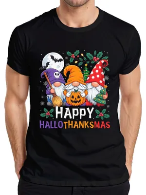 Zdjęcie produktu dla Koszulka męska Gnome Happy HalloThanksMas Halloween Pumpkin Christmas Gift, czarny, XL