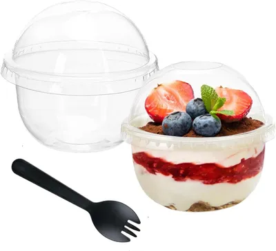 Obrázok produktu pre Dezertné poháre 250 ml, 50 kusov, s vrchnákom a lyžičkami, okrúhle, na oslavy