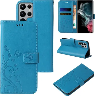 Produktbild von Handyhülle für Samsung Galaxy S22 Ultra Floral Blumen Schmetterling Flip Cover Hülle Case Klapphülle Handytasche Farbe: Blau