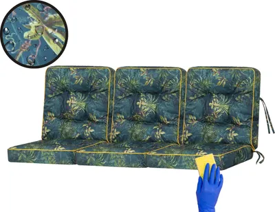 A set of three cushions for a swing or bench, displayed on a white background. A close-up inset shows water droplets on the fabric, and a hand in a blue glove is shown cleaning the cushion with a yellow sponge.