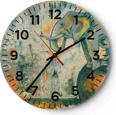 Produktbild von Wanduhr - Rund - Glasuhr - Elefant Abstraktion - 30x30cm - Schleichendes Uhrwerk - Lautlos - zum Aufhängen bereit - Dekoration Modern - Wanddekoration aus Glas - C4AR30x30-3566