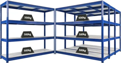 Produktbild von Mega Deal | 4x Schwerlastregal DINO | HxBxT 180x200x60cm | 4 Melamin-Ebenen 16mm | Fachlast 500kg | Blau