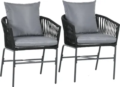 Zdjęcie produktu dla Zestaw 2 krzeseł ogrodowych 57x60x71 cm – wygięta siedzisko w stylu boho, z poduszkami i metalową ramą, nośność 120 kg, kolor czarny
