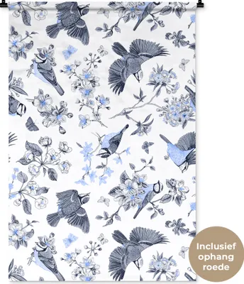Produktbild von MuchoWow® Wandteppich Wandbehang Blumen - Vogel - Blau 90x135 cm Tapisserie Dekoration Wandtuch - Baumwolle - Wandskulptur