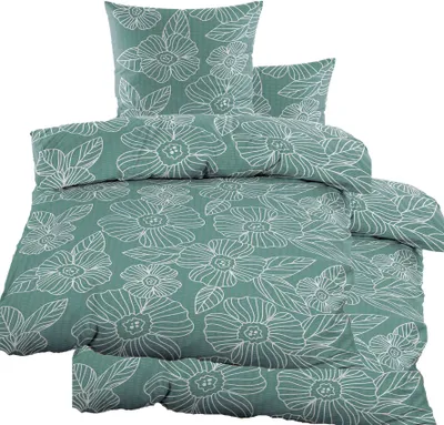 Produktbild von 4-TLG. Seersucker Bettwäsche 2x (135x200 +80x80cm), grün weiß, Blüten, bügelfrei