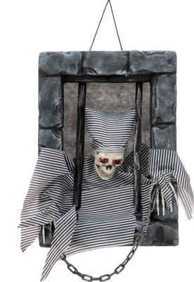 Halloween Figur Knasti - Wand-Dekoration - Totenkopf hinter Gittern - Rot blinkende Augen