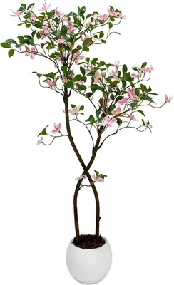 Produktbild von Künstliche Jasminpflanze - Bonsai-Baum - 120 cm - Weißer Pflanztopf - Für Außenbereich - Bodenstehend - PVC - Rosa