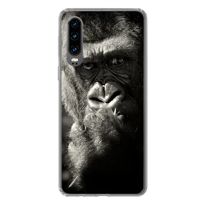Produktbild von MuchoWow® Handyhülle Schutzhülle Hülle für Huawei P30 Gorilla auf schwarzem Hintergrund in Schwarz und Weiß Silikon Softcase Handy Hülle - Kartenbesitzer
