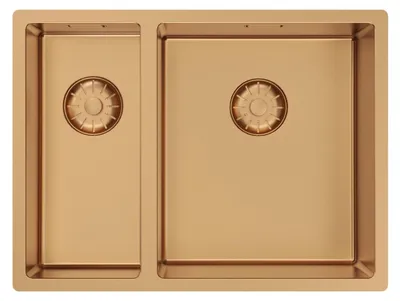 Immagine prodotto di Lavello Pure.Sink Comfort 1,5 (uno e mezzo), rivestito in PVD color rame rosa, dimensioni 18+34 cm, con vasca grande a destra, modello PCM183440-62