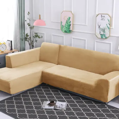 Produktbild von Stretch Samt Sofahusse Sofabezug L-Form Schnittsofa Überwurf 2 Stück Dicker Plüsch Sofabezüge für Ecksofa (2-Sitzer+3-Sitzer),Beige