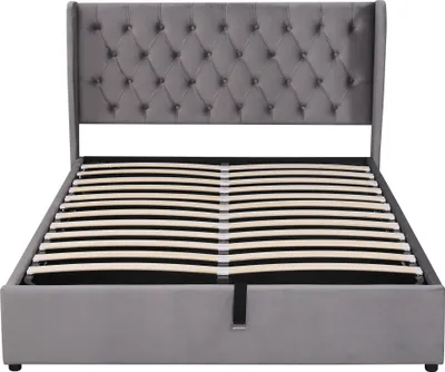 Produktbild von Merax Hydraulisches Boxspringbett 140x200cm Polsterbett mit Bettkasten, Lattenrost und Stauraum, Ohrenform Doppelbett aus Samt, Grau