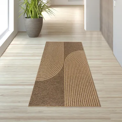 Immagine prodotto di Elegante tappeto con motivo a linee nei toni del beige e del marrone, per interni ed esterni. Dimensioni: 80 x 150 cm