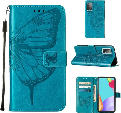 Produktbild von Galaxy A52 4G Hülle, Schmetterling Prägung Flip Leder Kartenfächer Schutzhülle Ledertasche mit Ständer für Samsung Galaxy A52 4G / 5G / A52S 5G Blau