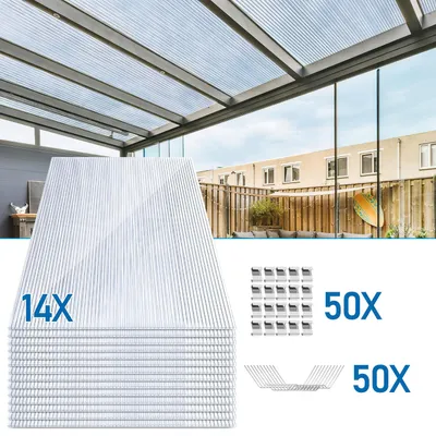 Produktbild von Vigevee 14x Polycarbonat Hohlkammerplatten 4mm mit 100 Edelstahl Gewächshausklammern Transparent Hohlkammerstegplatten UV-Beständigen Für Gewächshaus Carports