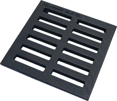 A black cast iron drain cover with a slatted surface, shown from a slightly elevated angle on a white background.