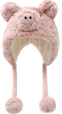 Produktbild von Warme Wintermütze für Damen, schattige, weiche Mütze in Form eines Schweins mit Pompon, Wintermütze mit Ohrenklappen