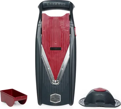 Produktbild von Börner Vital Gemüsehobel Basis Set Rot/Schwarz, mit Dressing Funktion, inkl. Mandoline, Fruchthalter, Marinierrolle, Einschub