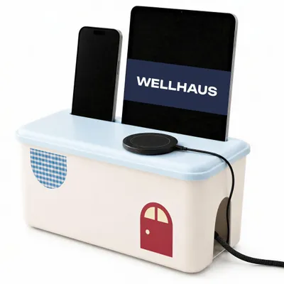 Produktbild von WELLHAUS Kabel Organizer Box mit Deckel Ladestation Ständer blau