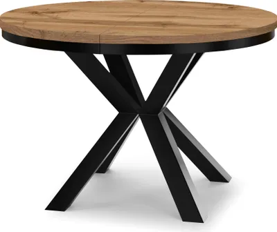 A round dining table with a wooden top and a black metal base.