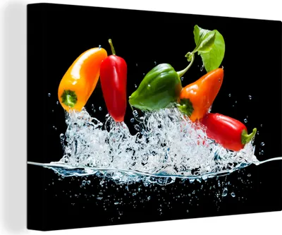 Produktbild von MuchoWow® - Leinwandbilder - Paprika - Schwarz - Gemüse - Wasser - Blatt, Wandbild, Wanddeko Bilder Wohnzimmer, 120x80 cm