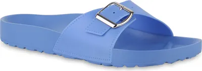 Produktbild von VAN HILL Damen Pantoletten Sandalen Profil-Sohle Schließe Schlappen Schuhe 841033, Farbe: Blau, Größe: 36